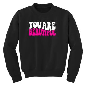 Girls Graphic Sweatshirt, You Are Beautiful Retro Wavy Pink White